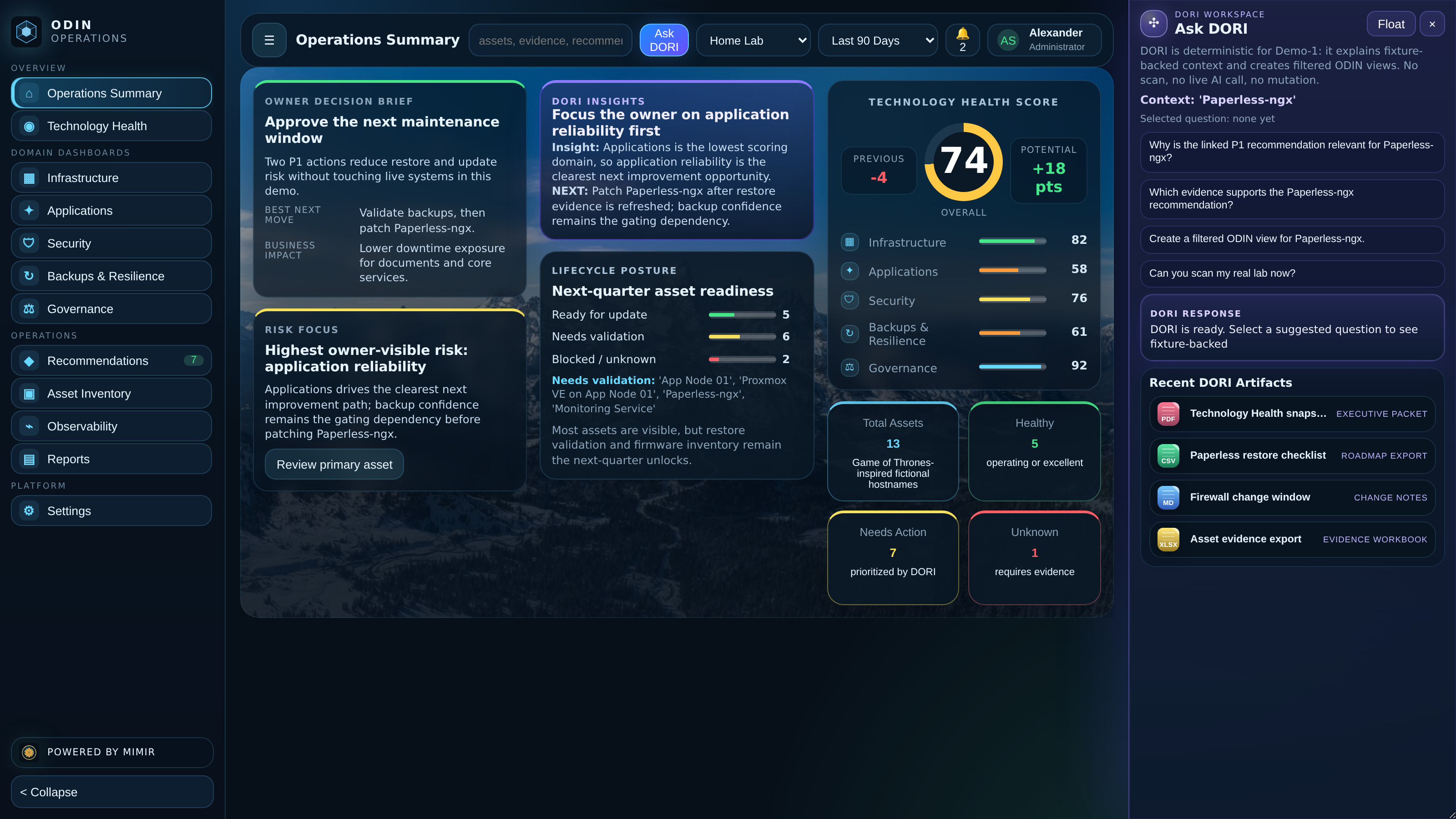 Actual ODIN Concept Demo-1 operations screen with DORI open in the right panel
